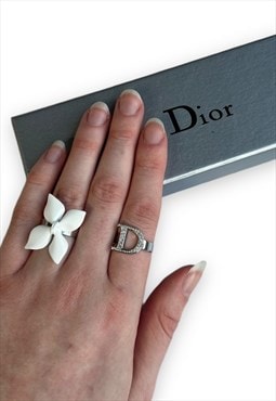 Vintage Dior ring set silver tone diamante white flower