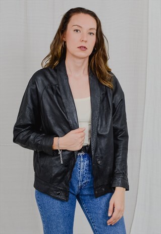 BLACK LEATHER JACKET VINTAGE 80'S STREETWEAR ROCKER M