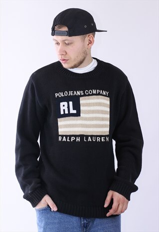 VINTAGE MENS POLO JEANS BIG USA FLAG LOGO JUMPER SWEATER