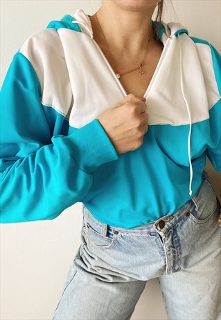 VINTAGE 80S TURQUOISE SWEATSHIRT JUMPER HOODIE 1/4 ZIP