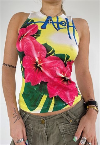 Miss Sixty Y2k Top Tank Aloha Hawaii Vest Graphic Print 