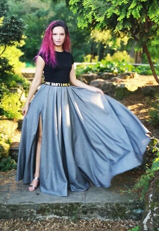 DEADSTOCK FABRIC MADE FRONT SLIT FULL CIRCLE CUT DENIM SKIRT