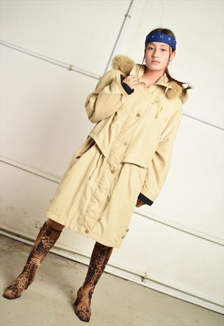 90'S RETRO NEUTRAL FAUX FUR DETAILED PARKA JACKET COAT
