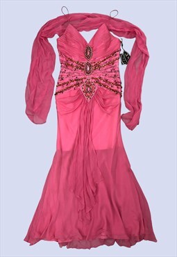 Pink Bead Embellished Strappy Chiffon Prom Maxi Dress 