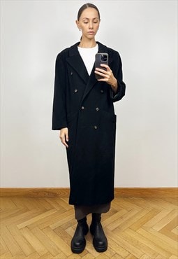 Vintage Black Wool Coat, Black Wool Midi Winter Coat