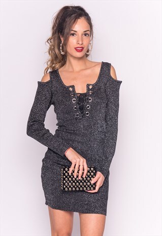 COLD SHOULDER BODYCON DRESS WITH LONG SLEEVES IN SILVER SPAR