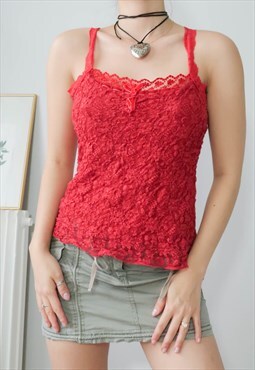 Vintage Milkmaid Red Lace Tank Top