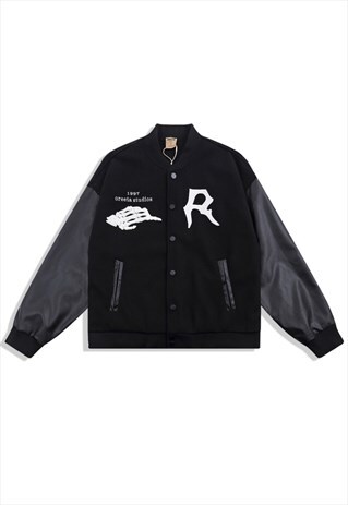 KALODIS SKULL EMBROIDERED LEATHER SLEEVE LOOSE JACKET