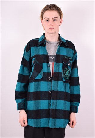 MENS VINTAGE FLANNEL SHIRT MEDIUM GREEN CHECK 90S