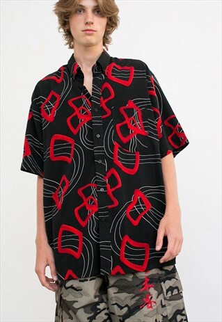 VINTAGE SHIRT BLACK RED ABSTRACT GEOMETRICAL TATTOO