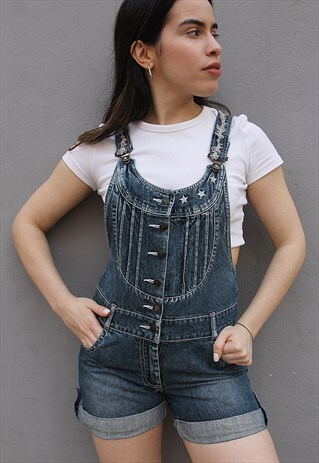 Vintage Guess Dark Blue Denim Overall Dungaree Shorts