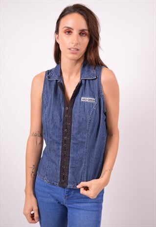 VINTAGE HARLEY DAVIDSON DENIM SHIRT SLEEVELESS BLUE