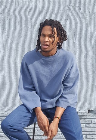 90S MINIMALIST BLUE SHORT SLEEVE DROP SHOULDER SWEATSHIRT XL