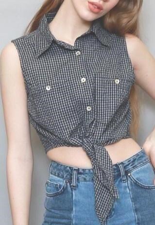 VINTAGE 1990'S NAVY TARTAN PRINT TIE UP CROP SHIRT