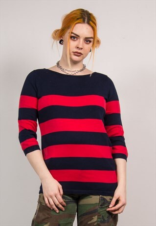 TOMMY HILFIGER VINTAGE 90'S BLUE & RED STRIPED JUMPER TOP