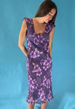 Vintage 1980s Purple Leopard and Floral Printed Midi Dress