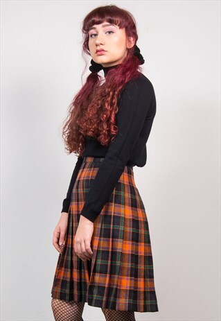 VINTAGE 90'S ORANGE CHECK TARTAN HIGH WAIST PLEATED SKIRT