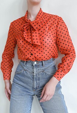 Vintage 60s Bow Tie Semi Sheer Polka Dot on Red Blouse XS
