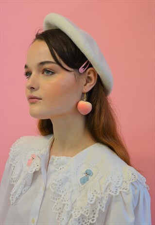 HANDMADE PEACH EARRINGS FRUIT PASTEL CUTE SWEET PINK KITSCH