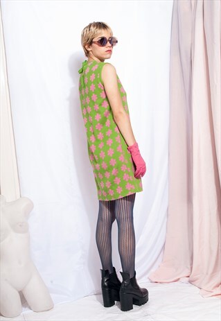 VINTAGE DRESS 60S MOD BOLD PINK FLOWER PATTERN MIDI DRESS