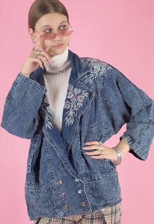 VINTAGE 80S DENIM JACKET WITH FLORAL EMBROIDERY ACID WASH