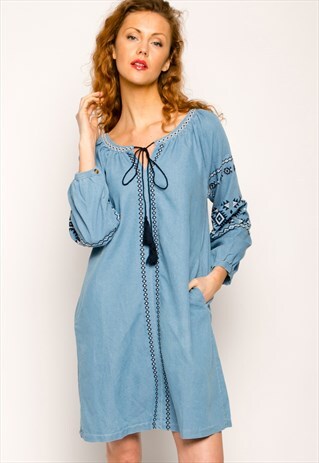 FLORAL EMBROIDERED DENIM DRESS CY