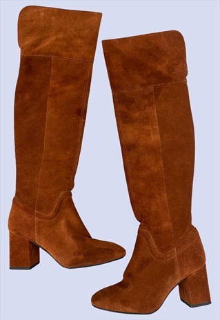 TAN BROWN KNEE HIGH SUEDE HEELED BOOTS