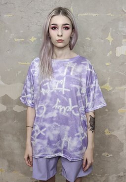 Graffiti print t-shirt multi slogan tee in purple