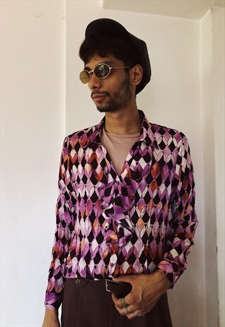 VINTAGE RUFFLED COLLAR GEOMETRIC PATTERNED COLORFUL SHIRT
