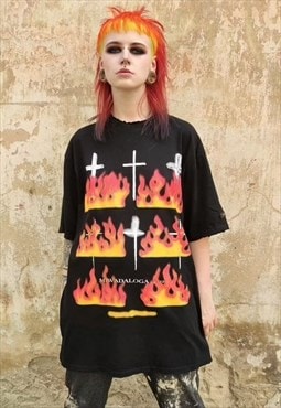 Burning cross print tee graffiti flame grunge t-shirt black