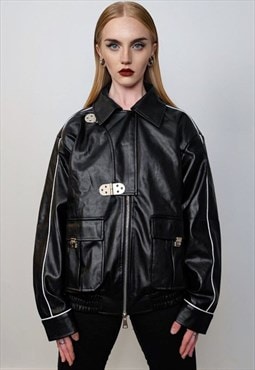 Faux leather racing jacket contrast stitching biker jacket