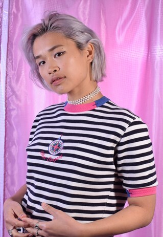 VINTAGE BEST COMPANY NAVY AND CREAM SHORT SLEEVED SWEATSHIRT