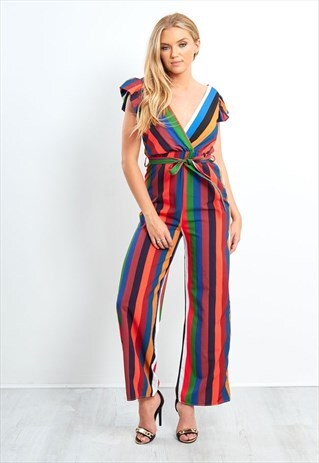 MULTICOLOURED STRIPED FRILL SHOULDER JUMPSUIT