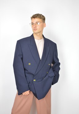 Vintage dark blue classic 80's double breasted suit blazer