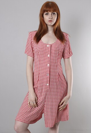 VINTAGE 80S RED GINGHAM CHECK BUTTON PLAYSUIT