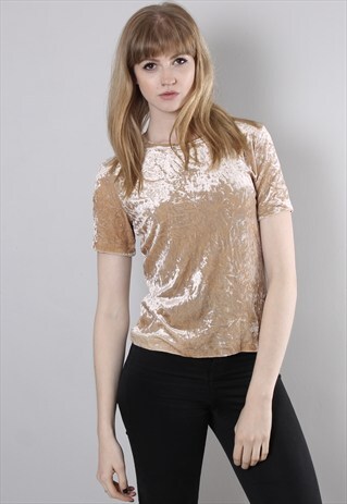VINTAGE 90S BEIGE CRUSHED VELVET T-SHIRT TOP