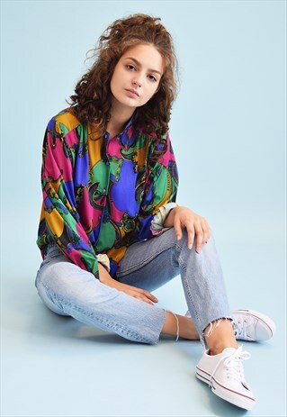 80'S RETRO ORIENTAL PRINT COLOUR BLOCK MOMS SHIRT TOP