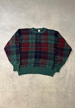 Vintage Knitted Jumper Checked Patterned Grandad Sweater