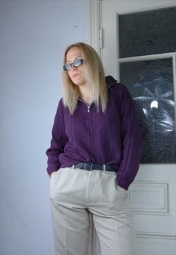 Vintage y2k unisex knitted tailored 1/4 zipper jumper purple