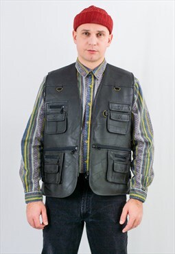 Vintage faux leather fishing vest in black cargo
