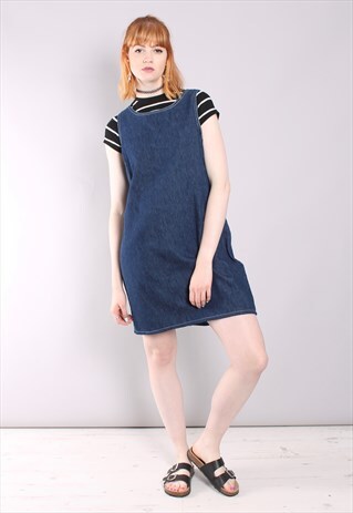 VINTAGE 90S INDIGO DENIM PINAFORE SHIFT DRESS