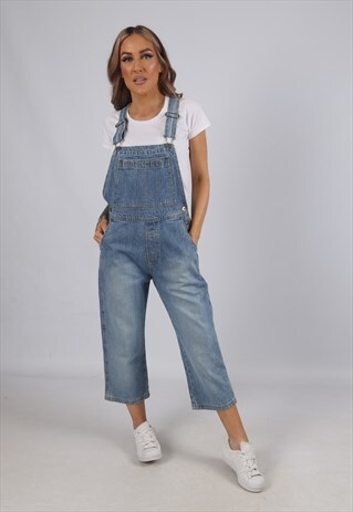 VINTAGE DENIM DUNGAREES WIDE CROPPED LEG UK 8 - 10 (E1H)
