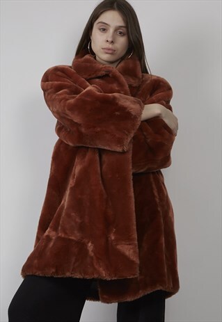 VINTAGE 80'S OVERSIZED RUST A-LINE FAUX FUR COAT
