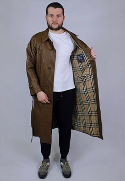 90s vintage Leather Burberry Trench Coat Brown Jacket 