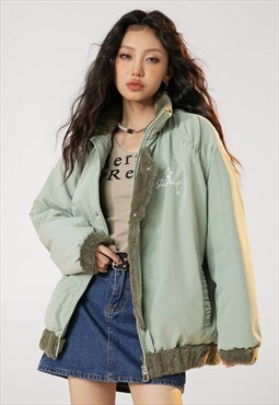 Faux fur neckline jumper asymmetric winter bomber in green