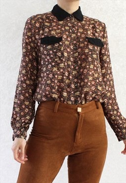 Vintage Shirt Blouse Retro Top Flower Pattern T640.1 XS