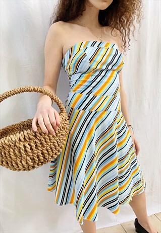 VINTAGE Y2K STRIPED PRINT VIBRANT COLORS MIDI BANDEAU DRESS