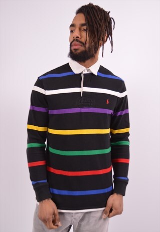POLO RALPH LAUREN MENS RUGBY POLO SHIRT MEDIUM BLACK STRIPES