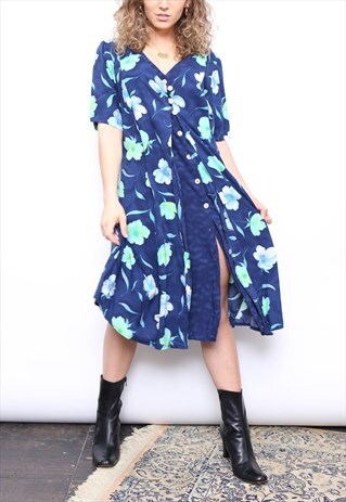 VINTAGE 90S BLUE FLORAL PRINT MIDI BUTTON DRESS