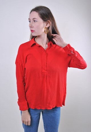 80S RED WOMEN MINIMALIST LONG SLEEVE SECRETARY BLOUSE